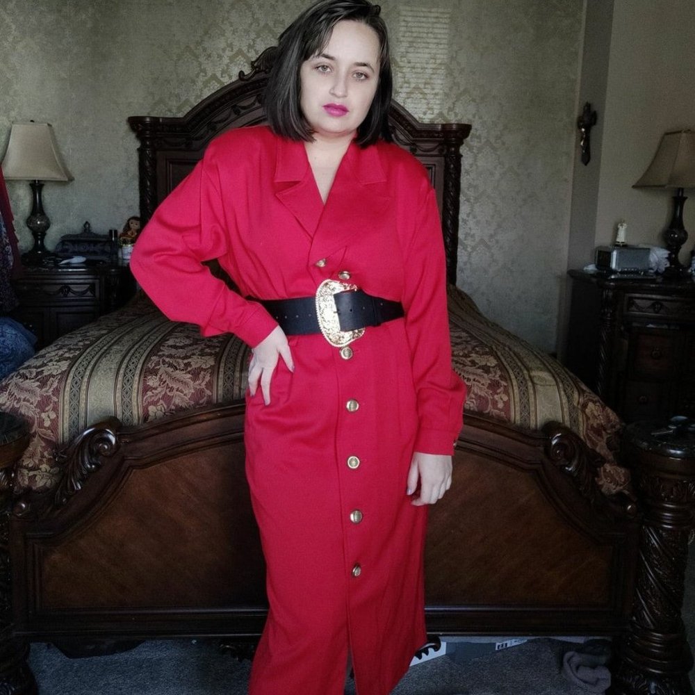 Vintage red dress Pea coat Gold button up size 8 80s Romantic Academia